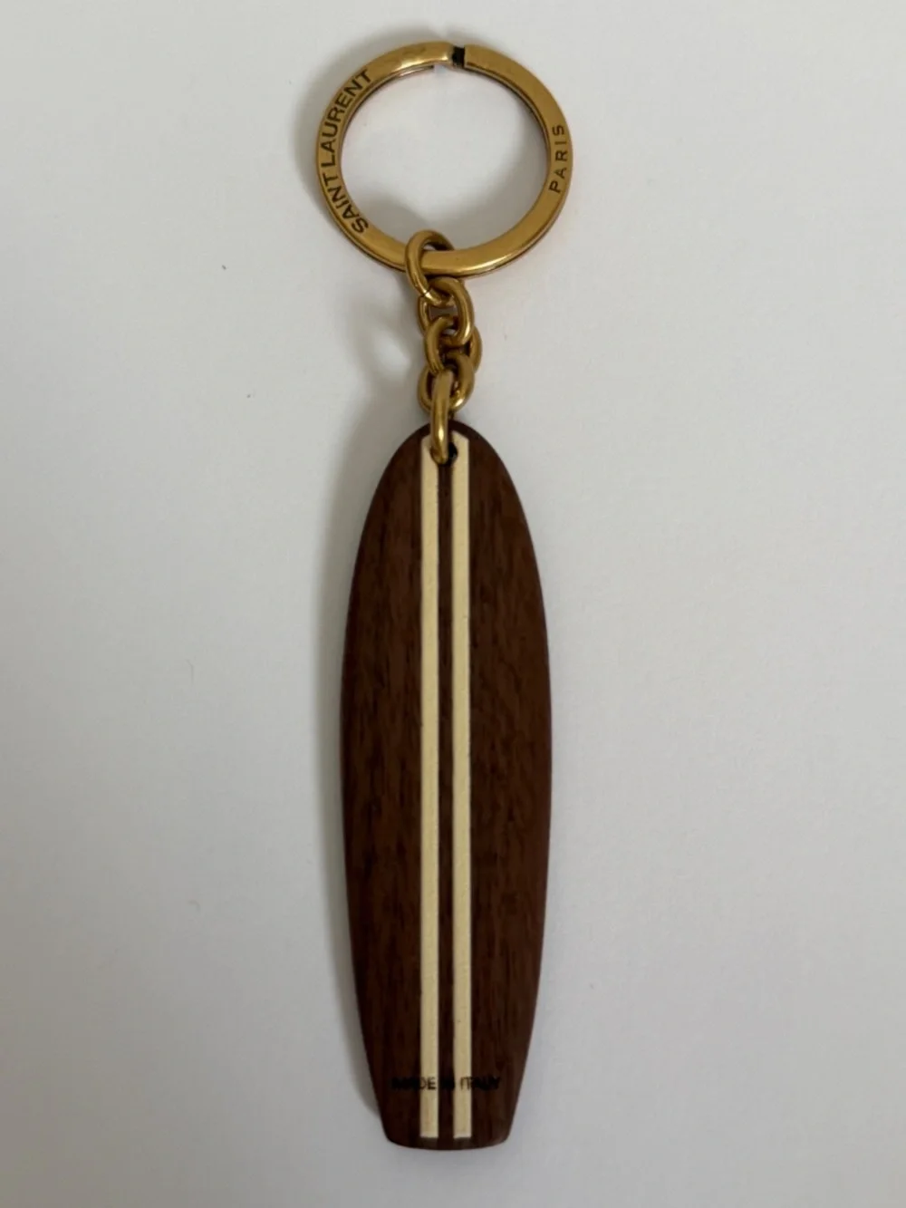 Saint Laurent YSL Surf Surfboard Logo Stripe Wood Charm Keychain Key Ring Fob